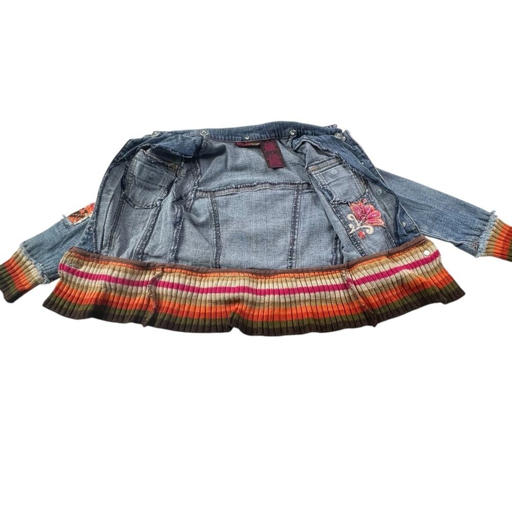 Mary Kate Ashley Girls 5 Denim Jean Jacket Y2K Boho Embroidered Flower Knit Trim - Picture 6 of 11